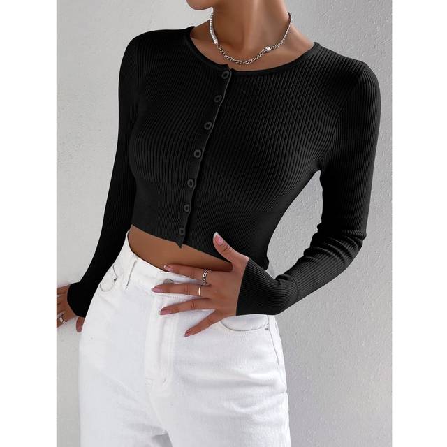 SHEIN Ribbed Knit Crop Cardigan,Long Sleeve Tops