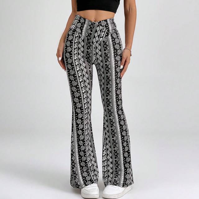 SHEIN Allover Print Slim Fit Knitted Flared Summer Beach Women Hippie Pants