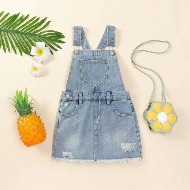 SHEIN Young Girl Washed Ripped Raw Hem Short Denim Dress For Summer