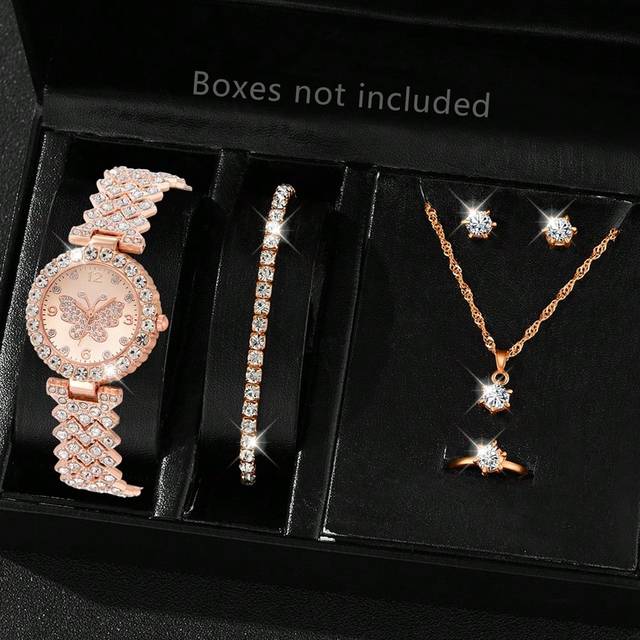 SHEIN 6pcs Women&#39;s Rose Gold Stainless Steel Watch Band Fashionable Casual Butterfly Shaped Simple Dial Quartz Watch, With Bracelet, Necklace, Earrings, Rin