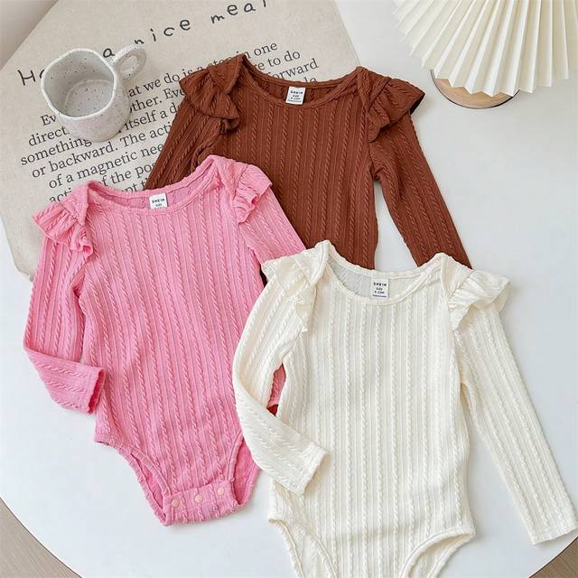SHEIN 3pcs/Set Newborn Baby Girl Autumn Knit Elastic Ruffle Long Sleeve Bodysuit