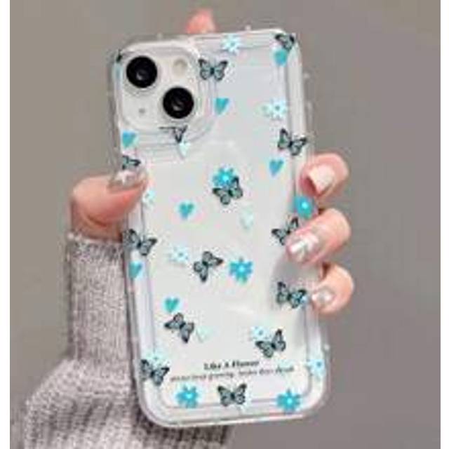 Apple Cartoon Butterfly & Blue Flowers Print Clear Case Kompatibel med kompatibel med Iphone11/12/13/14/15/15pro/15 Plus/15 Promax/7plus/8plus/X/Xs Ma - Multifärgad (Multi-size)