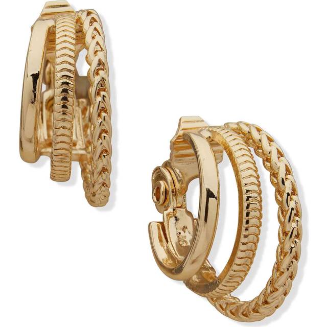 Anne Klein Women's Hoop with Chain Texture Clip Earring in Gold Tone size 1.1"