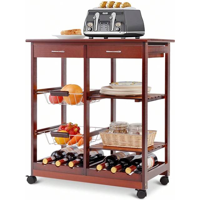 GymaxMore Wooden Rolling Kitchen Cart, Tile Counter Top Kitchen Island Cart With 2 Drawers, 2 Shelves, 2 Wire Baskets & Wine Racks, Mobile Serving Cart On Wheel