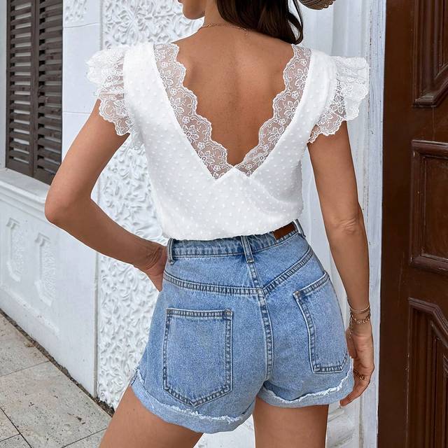 SHEIN Ribbon Back Tie Lace Detailed Butterfly Sleeve Backless Ruffle Trim Peplum Blouse