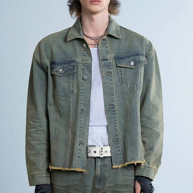 Manfinity Y2K Vintage Street Style Men&#39;s Acid Wash Denim Jacket, Hip Hop