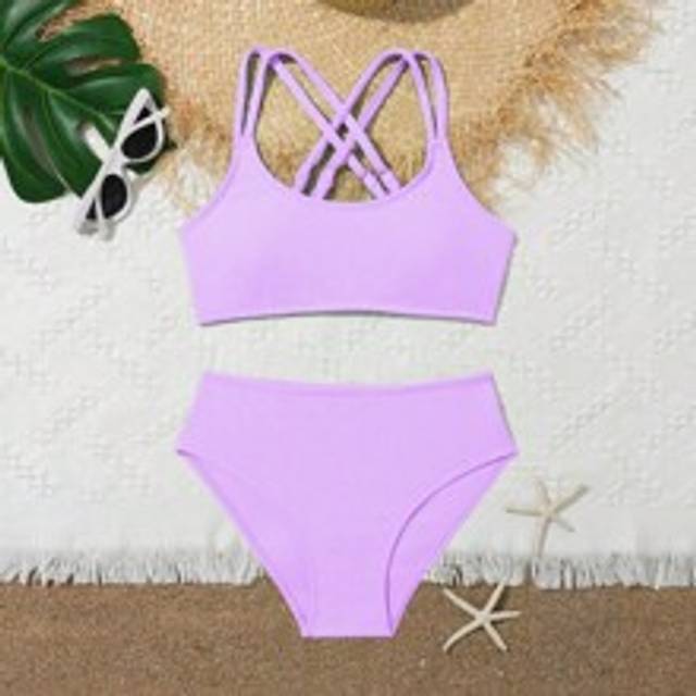 Tween Girl Bikini Set, axelremmar kors och tvärs Ribbed Bikini Set, fluorescerande färg för vår och sommar sommarstrand - Mauve Lila (8Y,9Y,10Y,11Y,12Y)