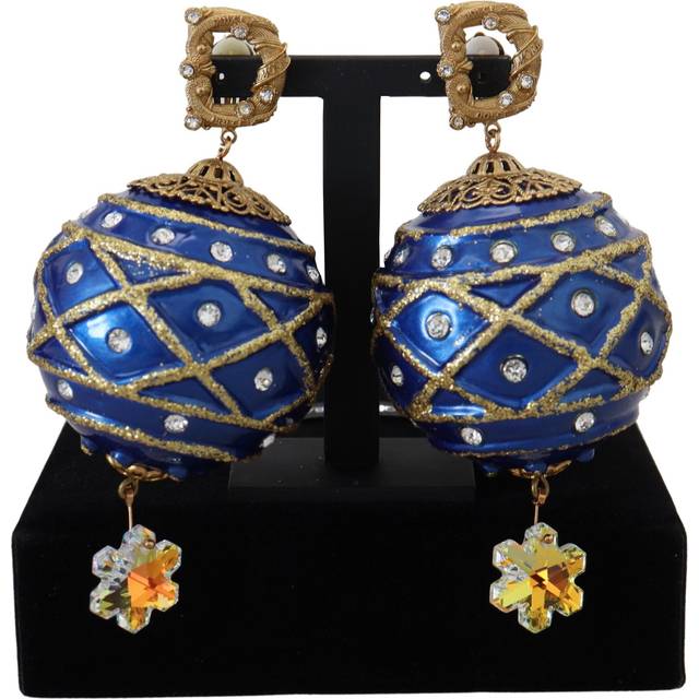 Gold Brass Blue Dangle Ball Crystal Clip On Earrings