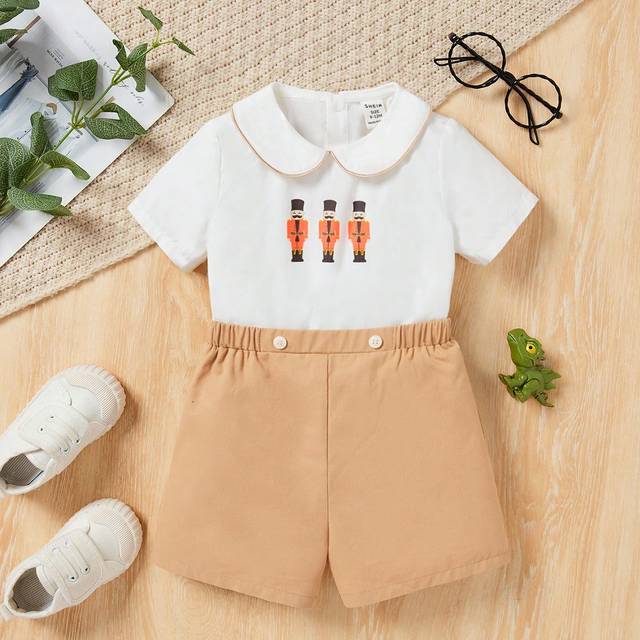 SHEIN Baby Boy Gentleman Style Shirt With Peter Pan Collar And Elastic Waist Shorts Set, Cute & Interesting Patterns