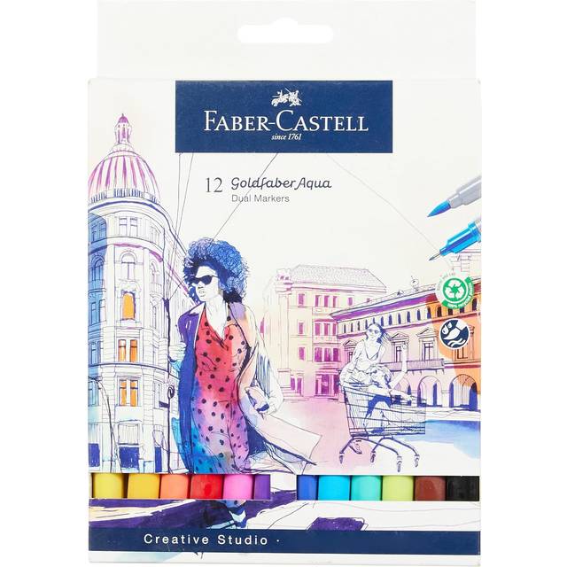 Faber-Castell Creative Studio Goldfaber Aqua Dual Markörer, Flerfärgad, Markeringsplånbok med 12, för konst, hantverk, ritning, skissning, hem, skola, universitet, färgning
