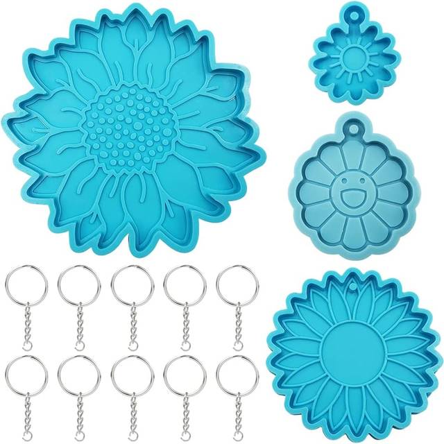 4Pcs/set Flower Keychain Mold Sunflower Resin Molds Sunflower Moon Silicone Mold with Hole for DIY Keychain Making