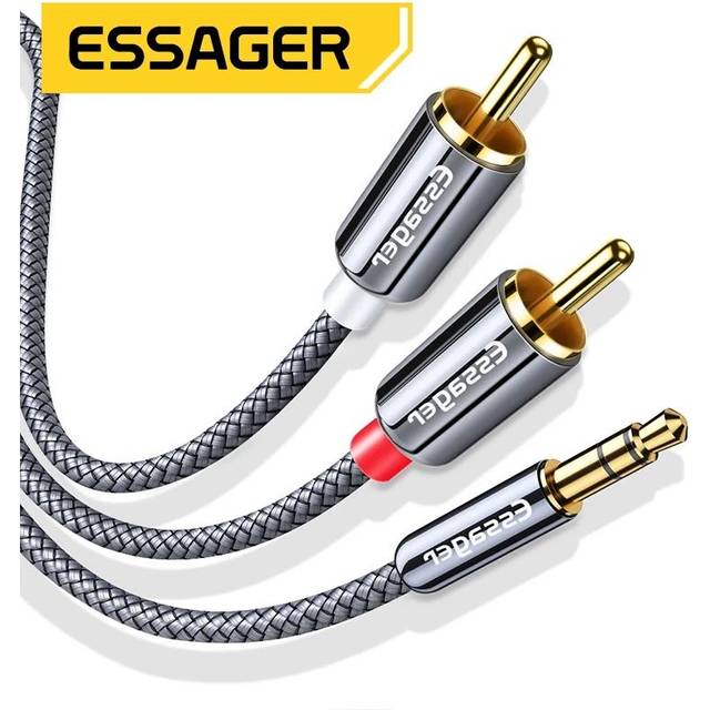Essager RCA-kabel 3,5 mm Jack till 2 RCA Aux-ljudkabel 3,5 mm till 2RCA Hane Adapter Splitter för TV-box apple tv Högtalarkabel 1m mörkgrå färg