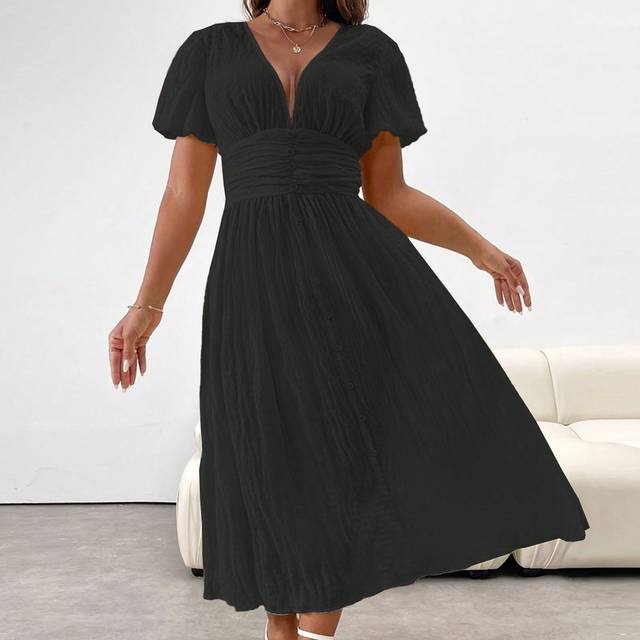 Franclia Plus Size Summer Casual Solid Color Puff Sleeve Dress