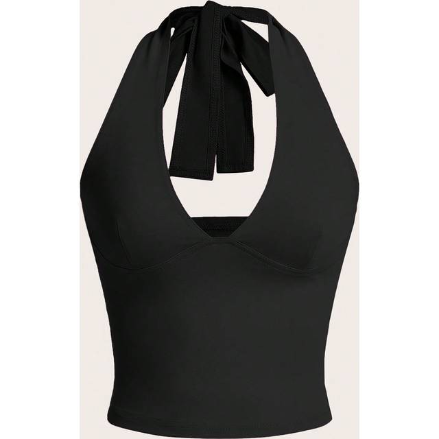 SHEIN Women Fashionable Solid Color Halter Neck V-Neck Tank Top With Hollow Out Design