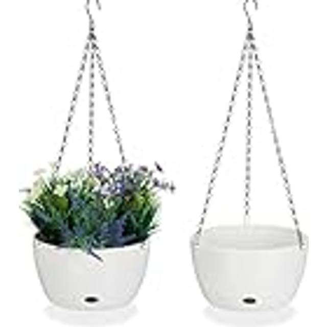 Relaxdays Set of 2 Hanging Baskets with Water Reservoir, HxØ: 60 x 24 cm, Out- & Indoor, Suspended Pot, Plastic, White