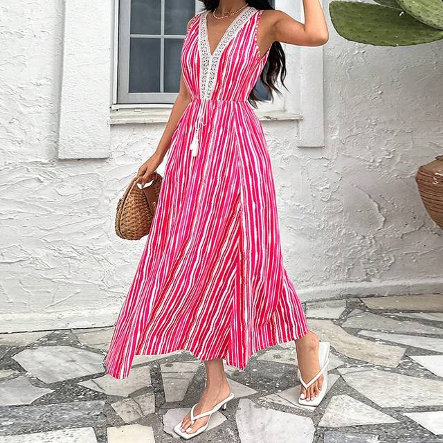 SHEIN Abstract Asymmetrical Stripe Printed With Crochet Trim Decoration Tassel Trim Drawstring At Waist Split Boho Vacational  Long Dress