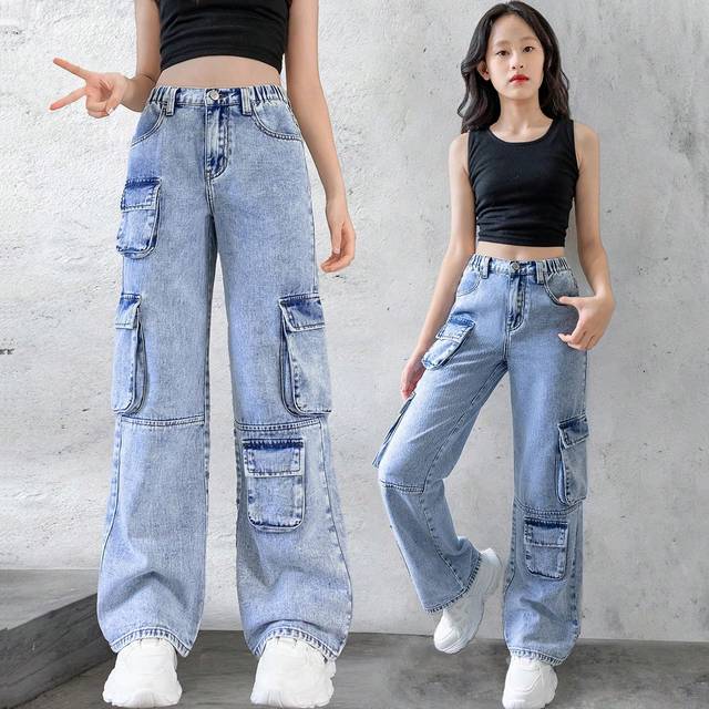 SHEIN Tween Girls Casual Cargo Pants With Multiple Pockets, Relaxed Straight Leg Denim Jeans For Music Festival
