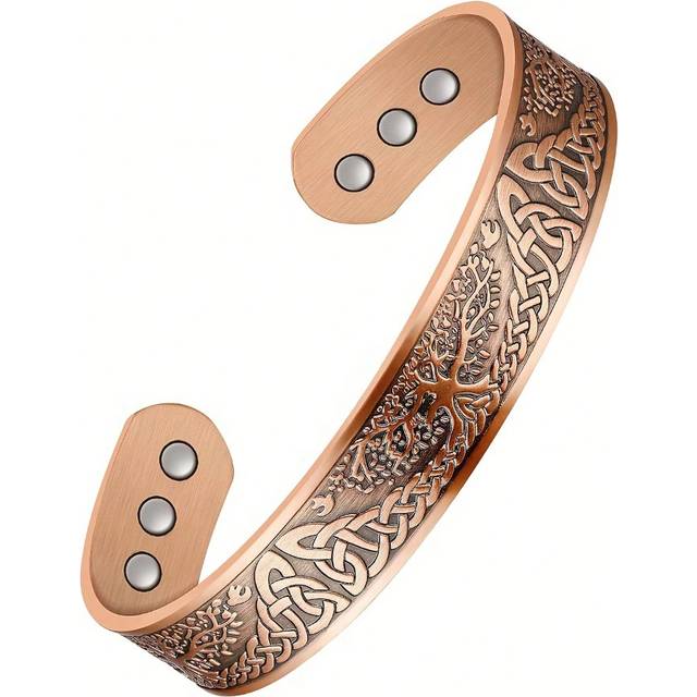 SHEIN 1Pc Pure Copper Magnetic Bracelet: Life Of The Tree Carving Cuff Bangle With 6 Magnets - Adjustable Size For Men(Electroplating Products Have A Slight