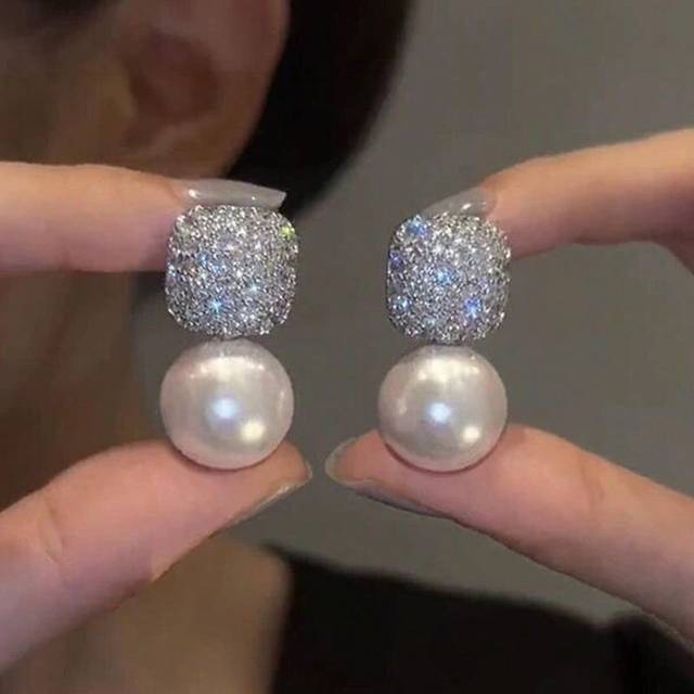 SHEIN S925 Fashion Pearl Earrings, Luxury & Elegant, Inlaid With Diamonds, Women&#39;s Wedding/Festive Ear Accessories