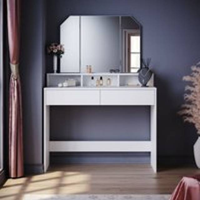 Elegant - Dressing Table, Large Tri-Fold Mirror(180°) Makeup Table with 2 Drawers and 3 Open Compartments, White Vanity Table for Women Girls Bedroom