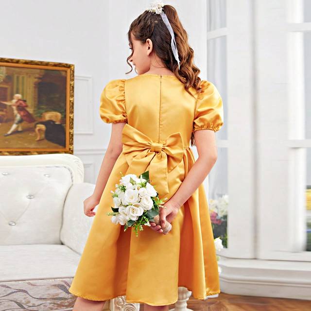 SHEIN Tween Girl Sibling Outfits Sparkling Chain Decor Crew Neck A-Line Short Sleeve Midi Dress