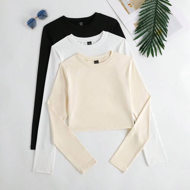 Chiquease Women&#39;s Spring/Summer Solid Color Round Neck Long Sleeve Casual All-Match T-Shirt
