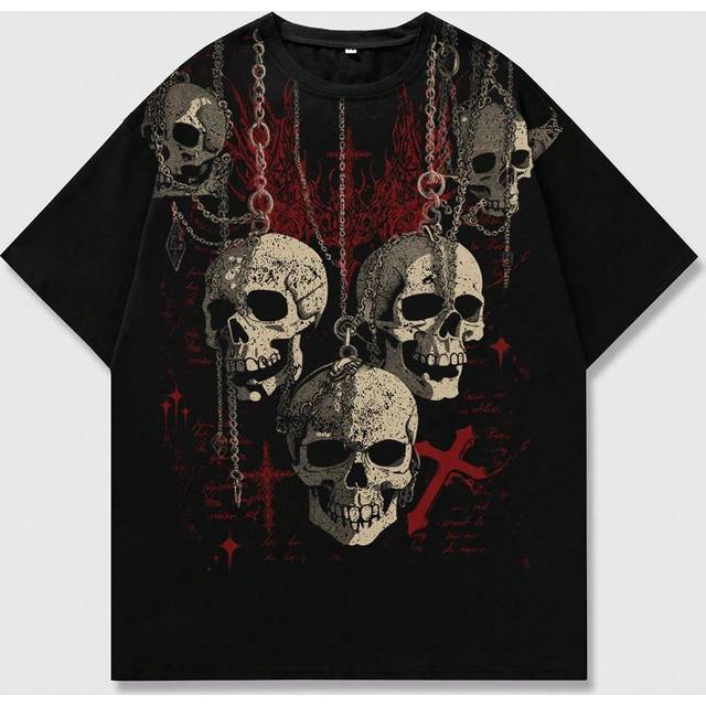 ROMWE MEN Men&#39;s Gothic Print Short Sleeve Skeleton T-Shirt Suitable For Daily Wear In Spring And Summer, School