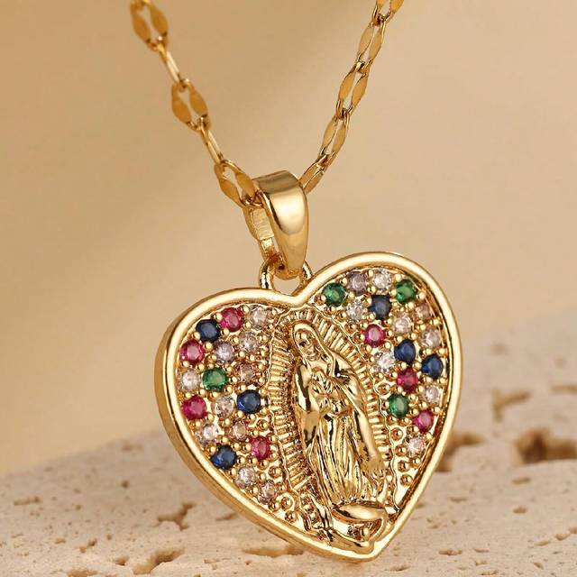 SHEIN 1pc Virgin Mary Heart Necklace, Inlaid With Colored Zirconia, 18k Golden Plated Stainless Steel Chain, Suitable For Women&#39;s Daily Matching, Perfect Gi