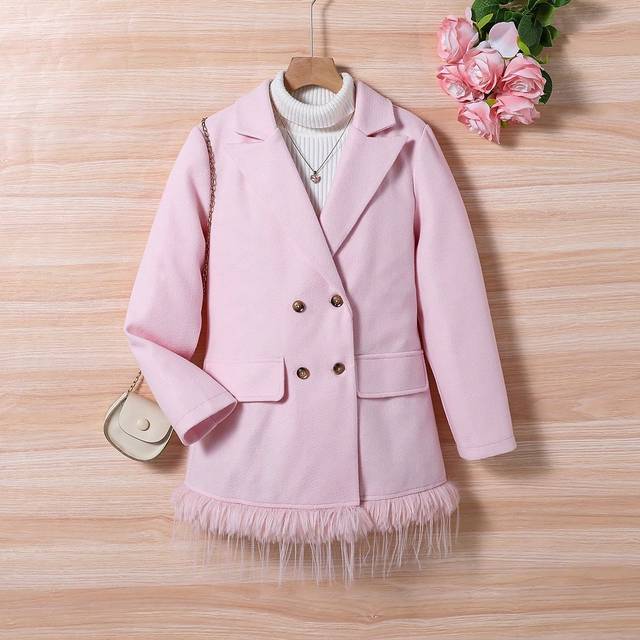SHEIN Tween Girl Winter Solid Color Long Sleeve Casual Double Breasted Fluffy Trimmed Coat