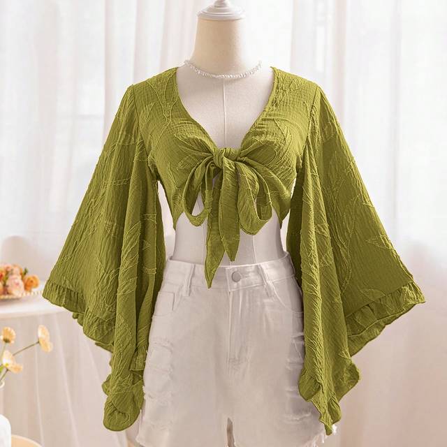 Soleia Women&#39;s Holiday Hippie Music Festival Willow Texture Open Cardigan Tie-Knot Trumpet Sleeves Ruffle Cuff Shirt,Three Quarter Sleeve Tops