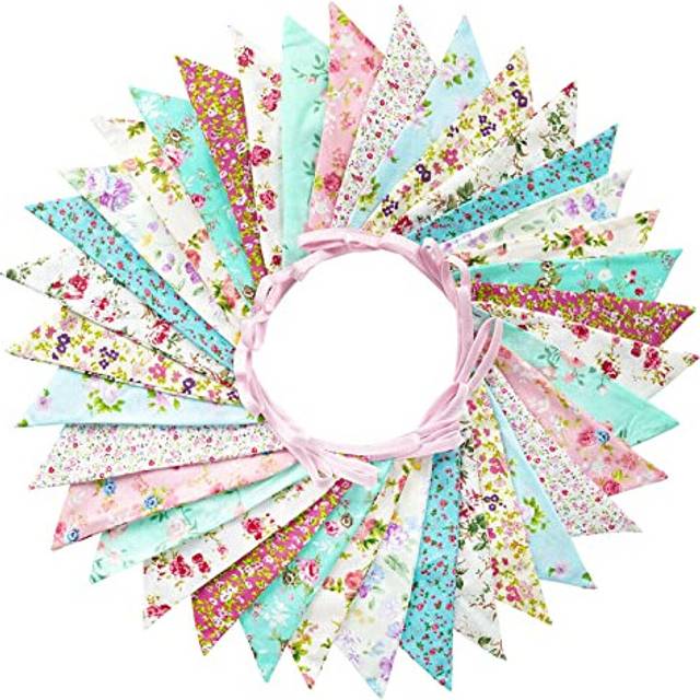 36PCS Large Fabric Bunting Banner, 10M Double Sided Cotton Triangle Flag Garland-17x19CM Two Layer Blue and Purple Floral Pennants for Wedding
