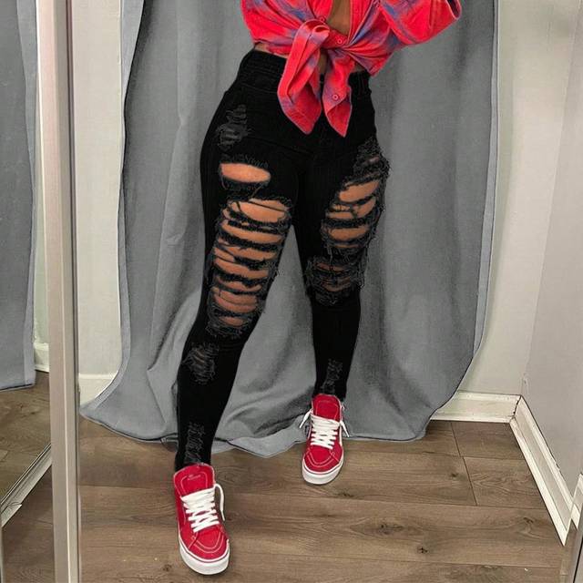 SHEIN Women Solid Black Summer Fashion Ripped Skinny Jeans