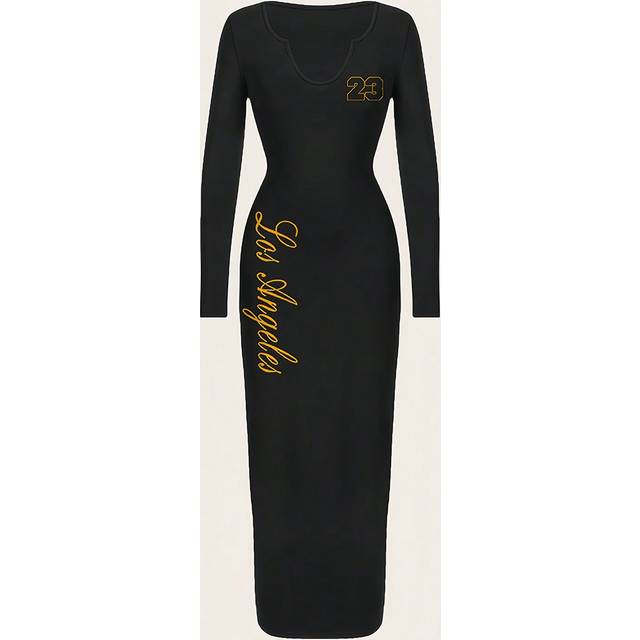 SHEIN Women&#39;s Elegant Casual Letter & Numeric Pattern Knit V-Neck Long Sleeve Bodycon Dress, Suitable For Spring And Autumn