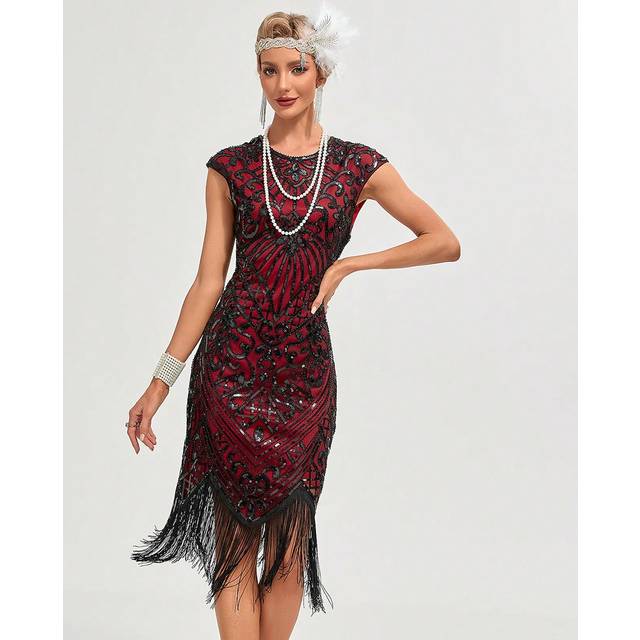 SHEIN Women&#39;s V-Neck Mesh Ruffle Trim Sequin Patchwork Vintage Party Dress