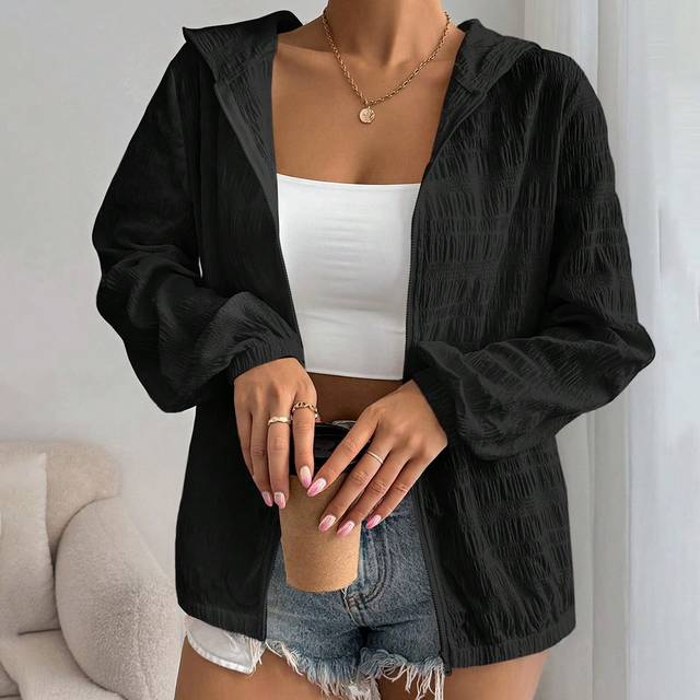 SHEIN Women Plain Minimalist Casual Everyday Hooded Black Jacket