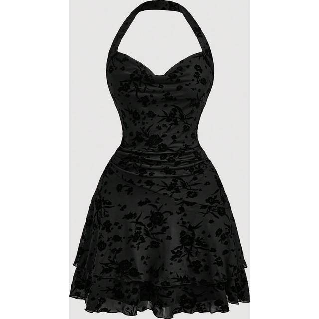 SHEIN Black Vintage Halter Neck Dress For Women, Autumn And Winter Clothing Fall Women Clothes Women Rave Festival Outfits Witchy Clothes Concert Women Outf