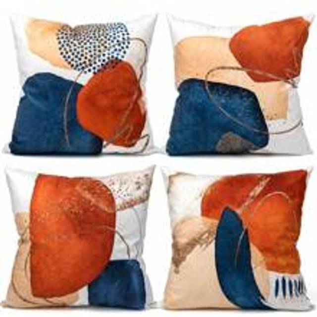 4st Abstrakt Boho kuddfodral Set med 4 Mid Century Modern Estetisk Marinblå Bränd Orange Kuddfodral Geometrisk Minimalistisk konstdekor för soffsäng H - Multifärgad (40*40,45*45,50*50)