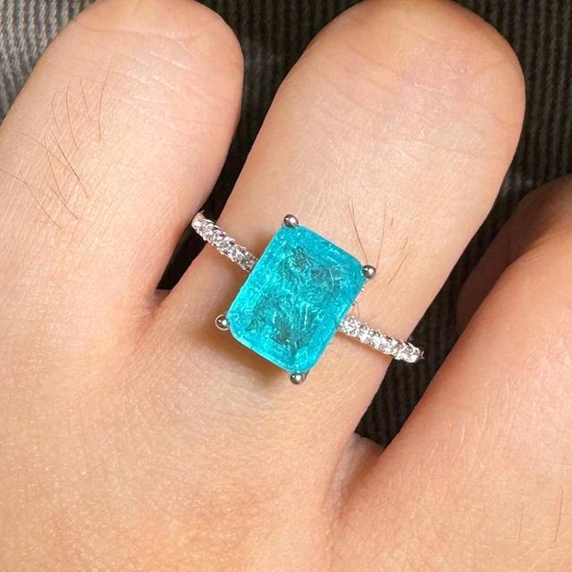 SHEIN Blue Green Paraiba Light Luxury Shiny Cubic Zirconia S925 Sterling Silver Fashion Elegant Colored Gem Diamond Ring Green Stone Women&#39;s Ring Emerald An