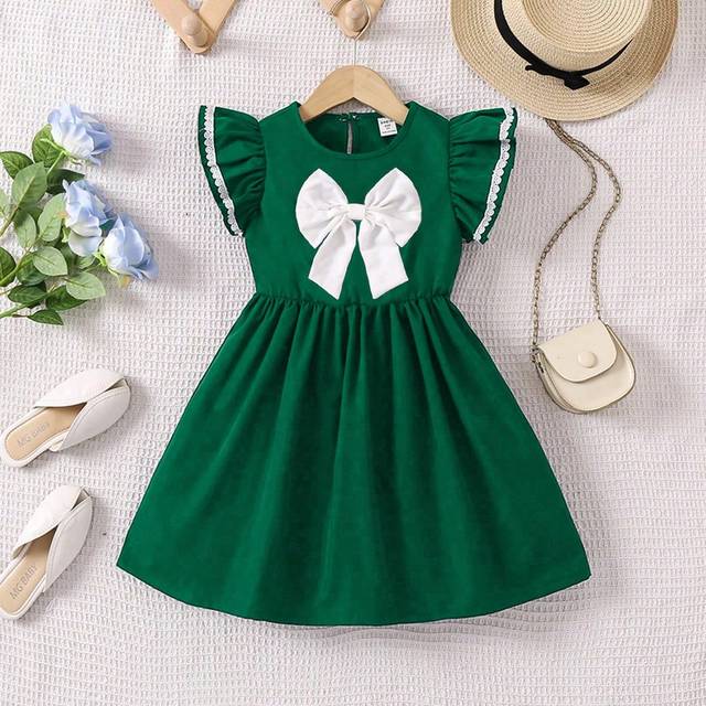 SHEIN Young Girl School Season Green And White Bowknot Accent A-Line Dress With Ruffle Sleeves , Casual Summer Fashion