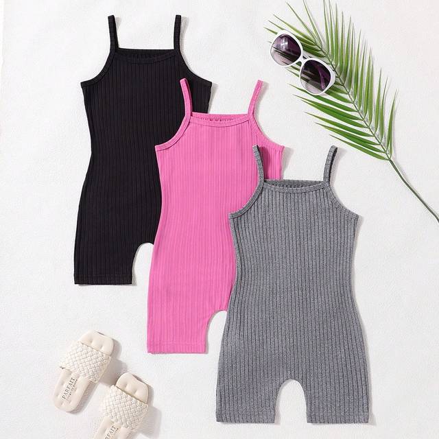 SHEIN 3pcs/Set Young Girls&#39; Solid Ribbed Cami Jumpsuit Set