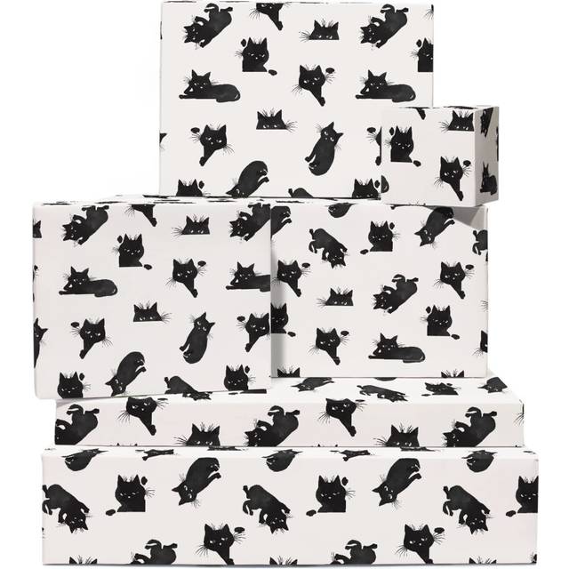 Cat Wrapping Paper - 6 Sheets of Birthday Gift Wrap - Black Cats - Kitty Kitten - White - For Kids Boys Girls - Fur Parent Cat Mum - Recyclable - By