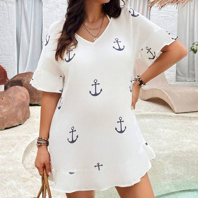 SHEIN Maternity Island Vacation Young See-Through V-Neck Ruffle Trimmed Sleeve, Hem And Loose Fit Short Dress