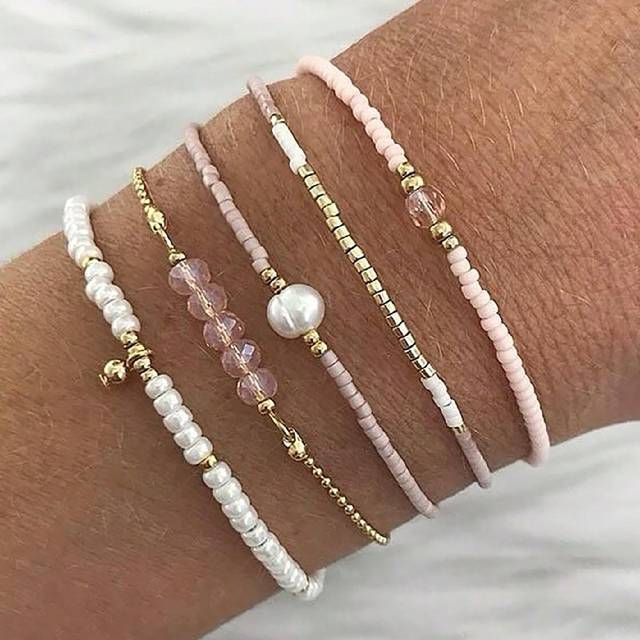 SHEIN 5pcs CCB Rice Pearl Bracelets, Minimalist Fashionable Personality Beach Style Faux Pearl Jewelry For Women (Assorted Beads, Random)