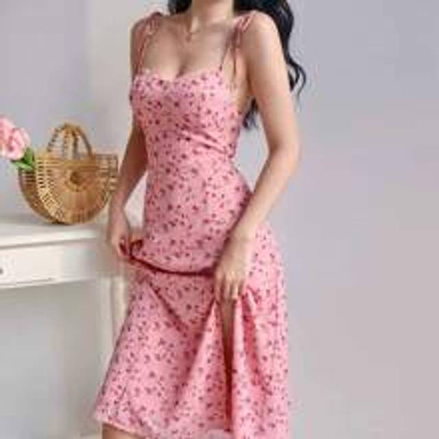 Sommar Casual Ditsy Blommig V-ringad ärmlös A-linje klänning med sidoslits - Rosa (L,M,S,XL,XS)