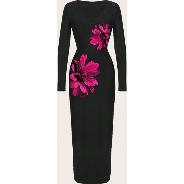 SHEIN Autumn And Winter Women&#39;s Elegant Simple Large Flower Print V-Neck Long Sleeve Slim Fit Knitted Dress