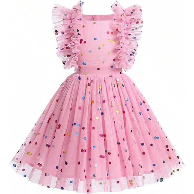 SHEIN Young Girls&#39; Elegant Cute Polka Dot Applique Ruffle Mesh Overlay Dress, Formal Dress For Stage Performance, Birthday Party, Summer