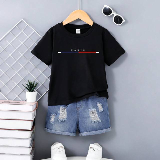 SHEIN Young Boy Summer Casual Letter Printed Short Sleeve T-Shirt And Distressed Denim Shorts Set