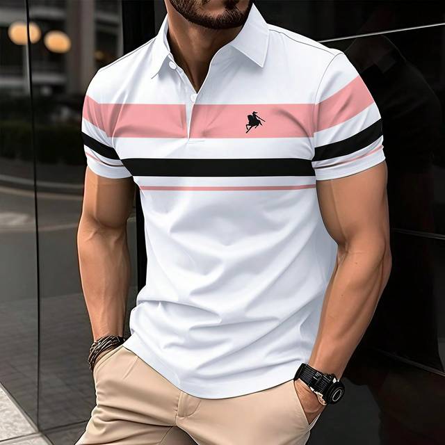 SHEIN Men&#39;s Business Casual Style With An INS-Inspired Touch, Featuring A Classic Blue-And-White Color-Blocked Design And An Embroidered Horse-Riding Soldie
