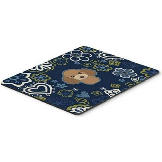Blue Flowers Chocolate Brown Poodle Mouse Pad  Hot Pad or Trivet