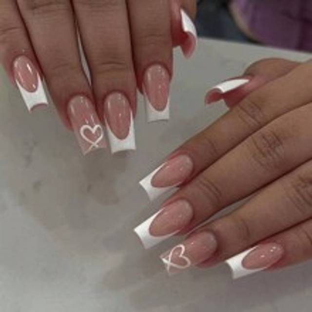 Valentines Nails 24st/set Medium Kista Press On Nails Tips Vita Franska & Hjärtmönster Akryl Fake Nail, Passar perfekt & Medellängd Design, Innehåller - Multifärgad